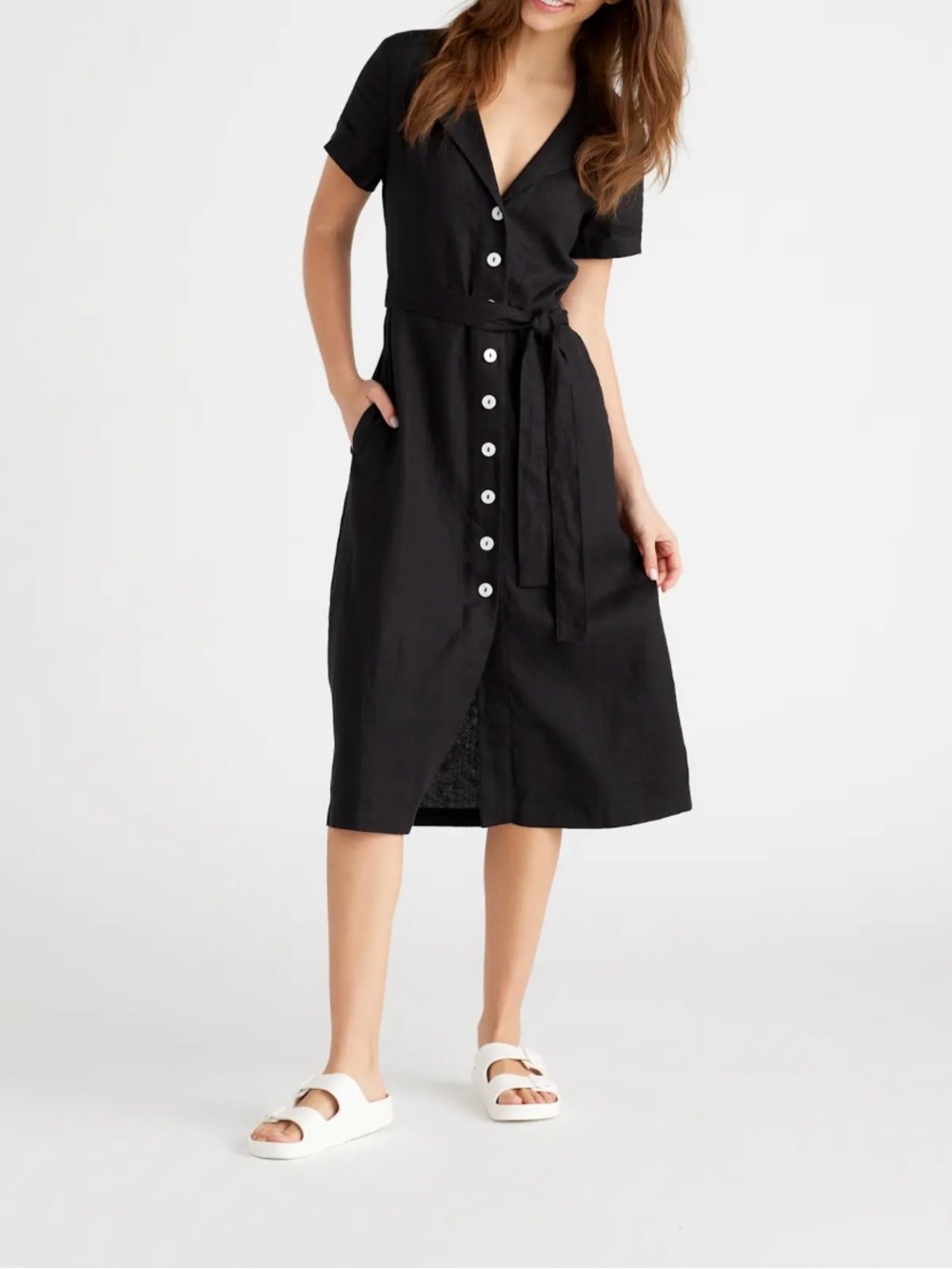 Quince 100% European Linen Button Front Dress Black